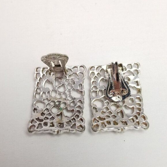 Vintage Emmons EMJ Silver Tone Rectangle Filigree Clip On Earrings, Signed - Picture 3 of 6